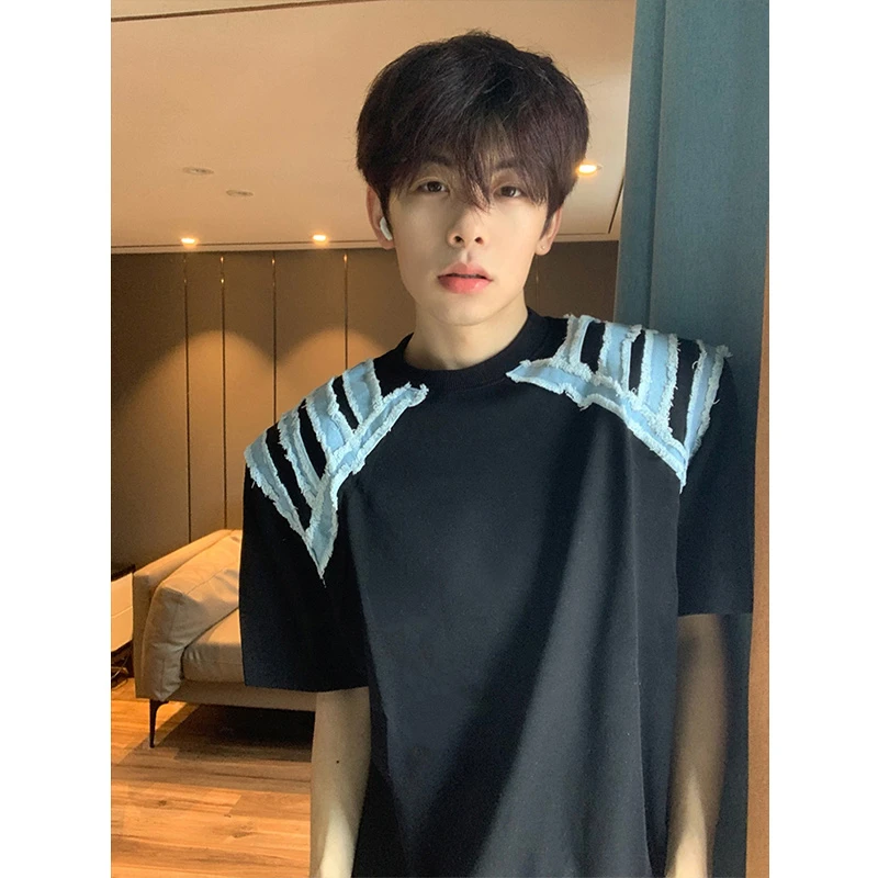 小众解构设计感垫肩短袖男款夏季牛仔拼接正肩t恤美式小领口半袖