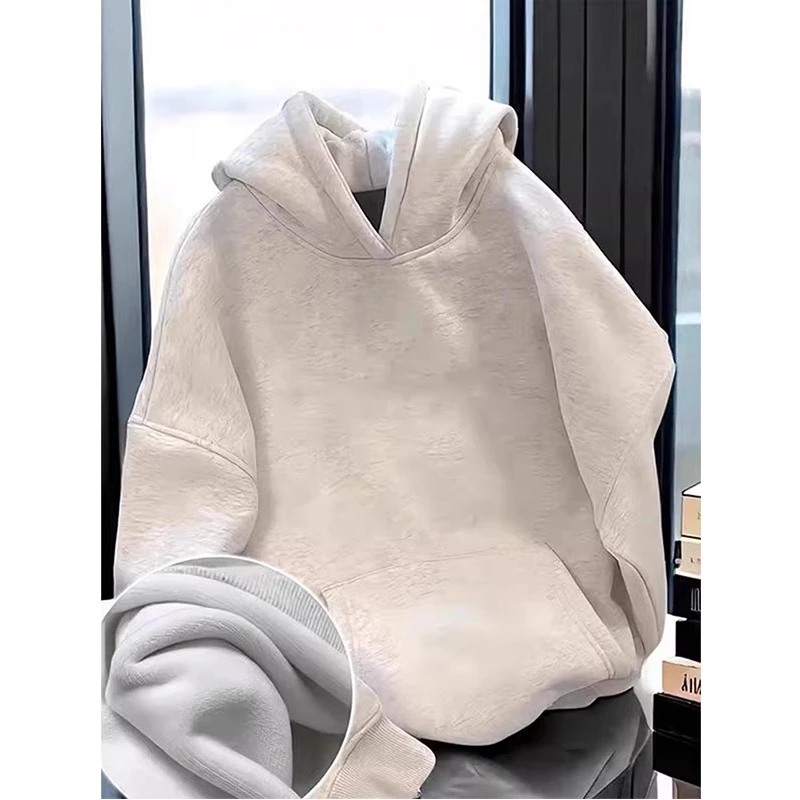 美式花灰色重磅加绒卫衣男款青少年秋冬外套内搭高级感硬挺连帽衫