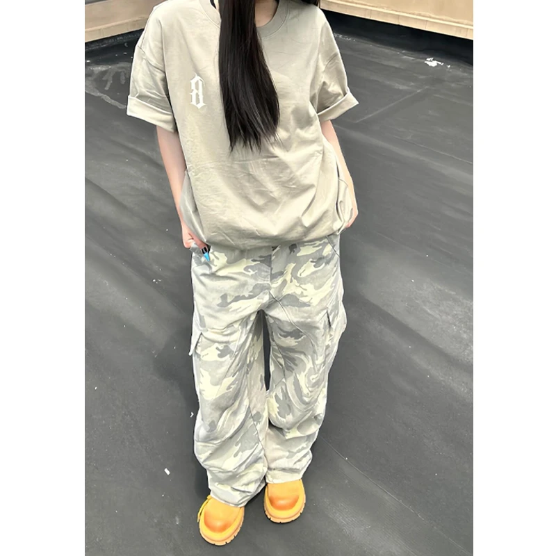 美式vibe高街裤子男款夏季潮牌伐木白色迷彩工装裤直筒宽松微喇裤