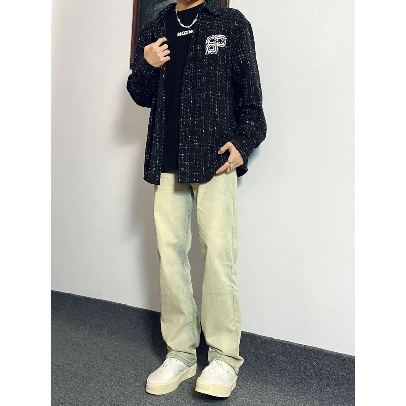 水洗黄泥色牛仔裤男款美式复古vibe裤子高街潮牌修身高级感微喇裤