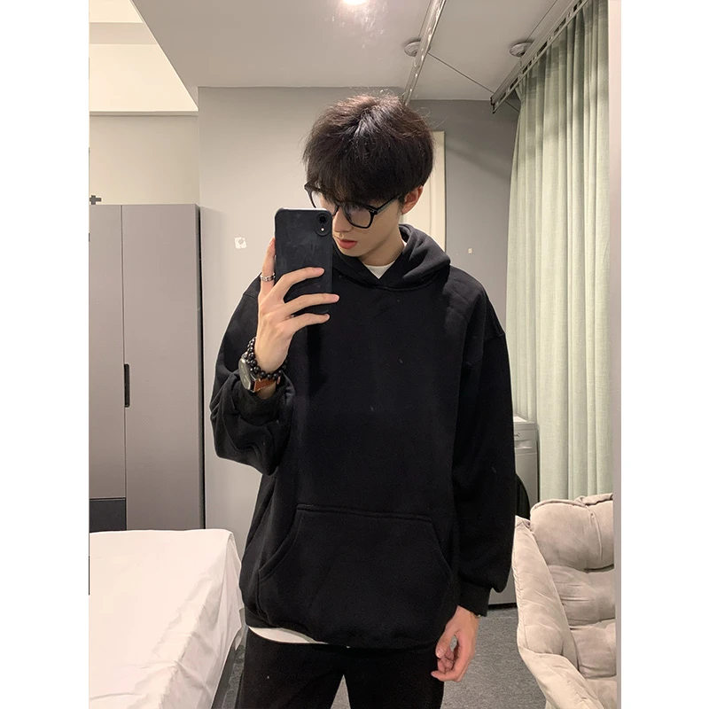 cleanfit黑色卫衣男款春秋季高街重磅硬挺外套美式潮牌情侣连帽衫