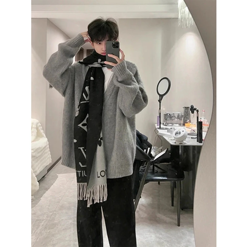 灰色毛衣外套男春秋潮牌美式复古V领针织衫高级感慵懒风宽松开衫