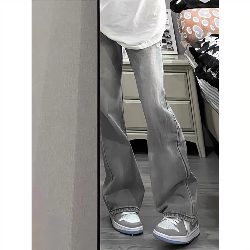 美式高街烟灰色微喇牛仔裤子男款秋季高腰垂感修身显瘦直筒休闲裤