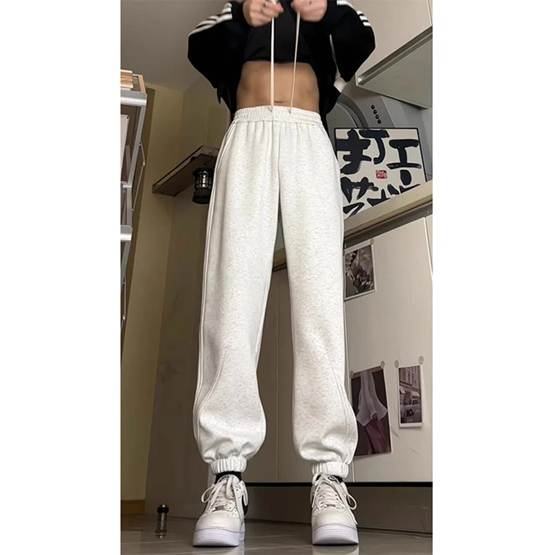 美式重磅白灰色卫裤男款秋季慵懒风宽松裤子潮牌cleanfit束脚长裤