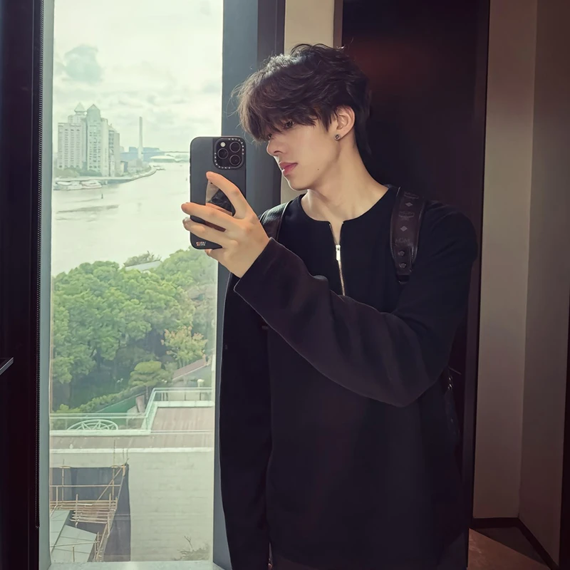 美式高街cleanfit黑色长袖t恤男款秋冬季半拉链设计感打底衫上衣