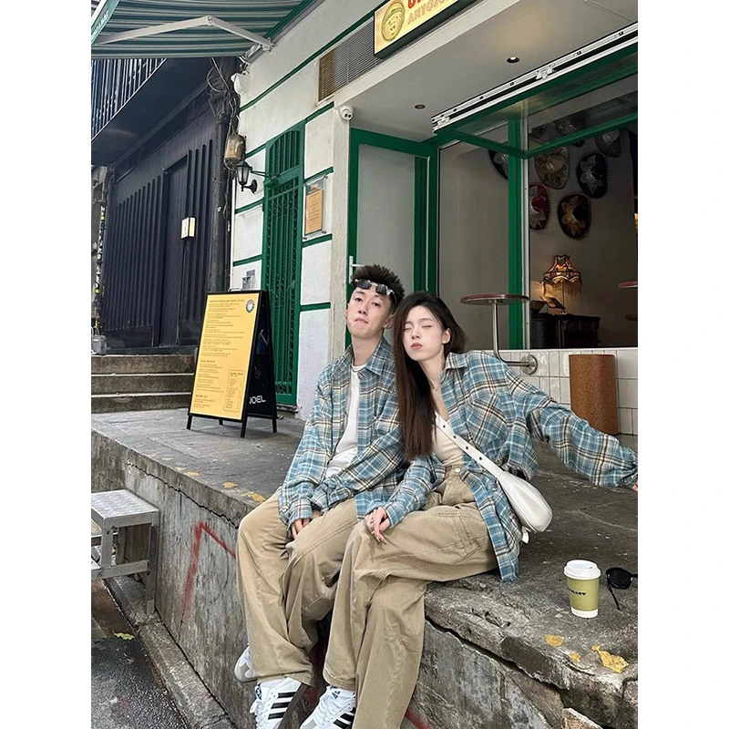 vintage情侣黄蓝格子衬衫设计感高级长袖衬衣春秋男款防晒衣外套