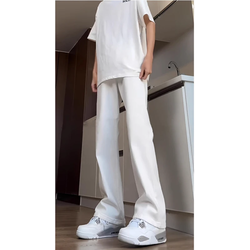 白色牛仔裤男秋季新款高个子直筒裤子美式高街vibe修身弹力微喇裤