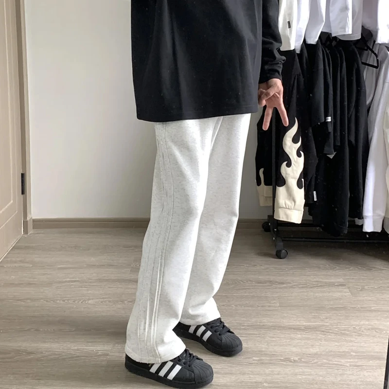 美式休闲白花灰卫裤男款春秋季设计感情侣直筒宽松百搭阔腿长裤子