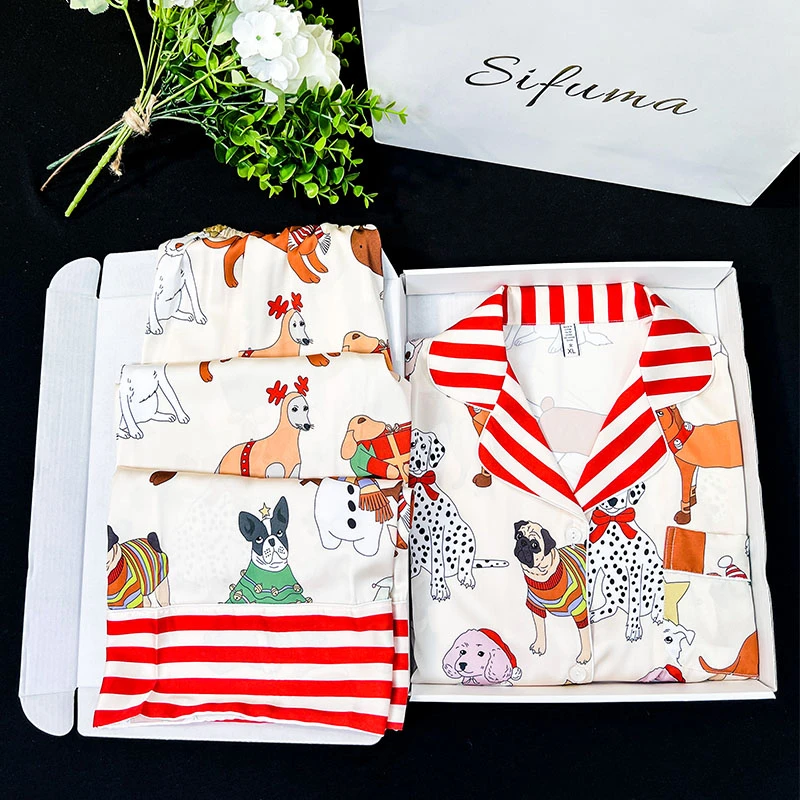 Sifuma/斯服玛《圣诞狗》春秋丝质轻奢长袖两件套休闲睡衣家居服