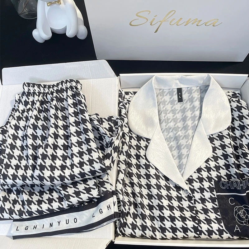 Sifuma/斯服玛【山茶花千鸟格】睡衣女夏季高定舒适短袖三件套礼盒