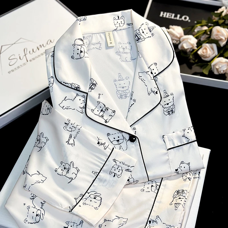 Sifuma/斯服玛《快乐小狗》春秋丝质轻奢睡衣女套装长袖家居服