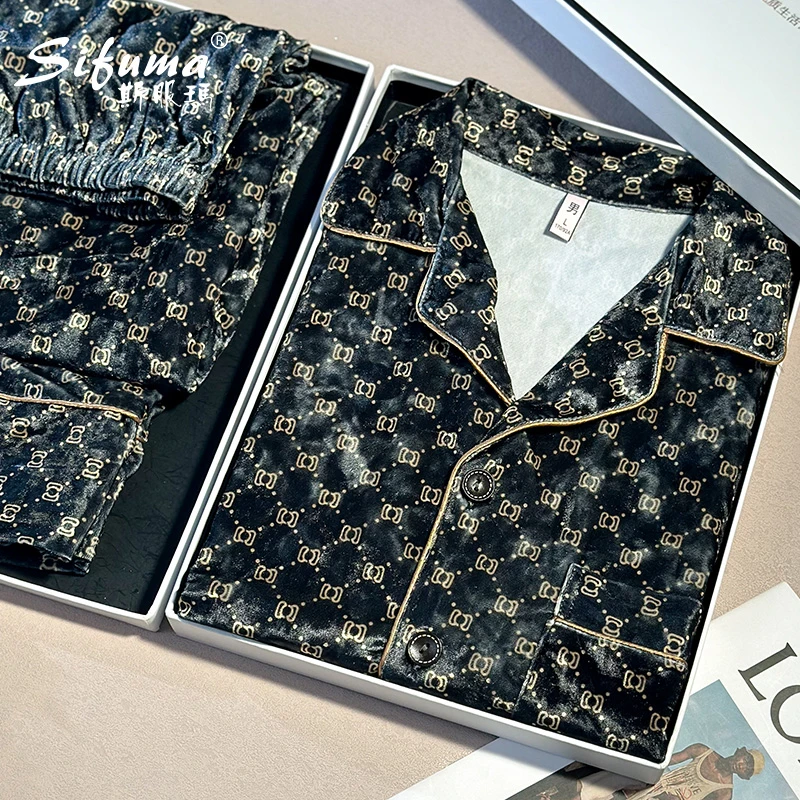 Sifuma/斯服玛《菱格》春秋男士睡衣可外穿金丝绒长袖套装家居服