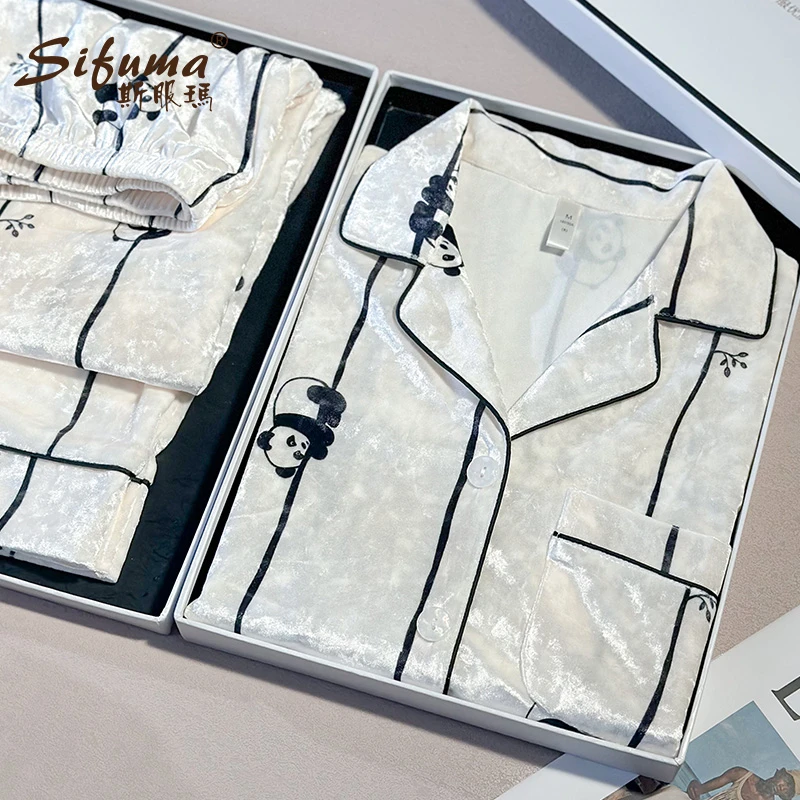Sifuma/斯服玛《条纹熊猫情侣》金丝绒秋冬睡衣女款爆款长袖可出门