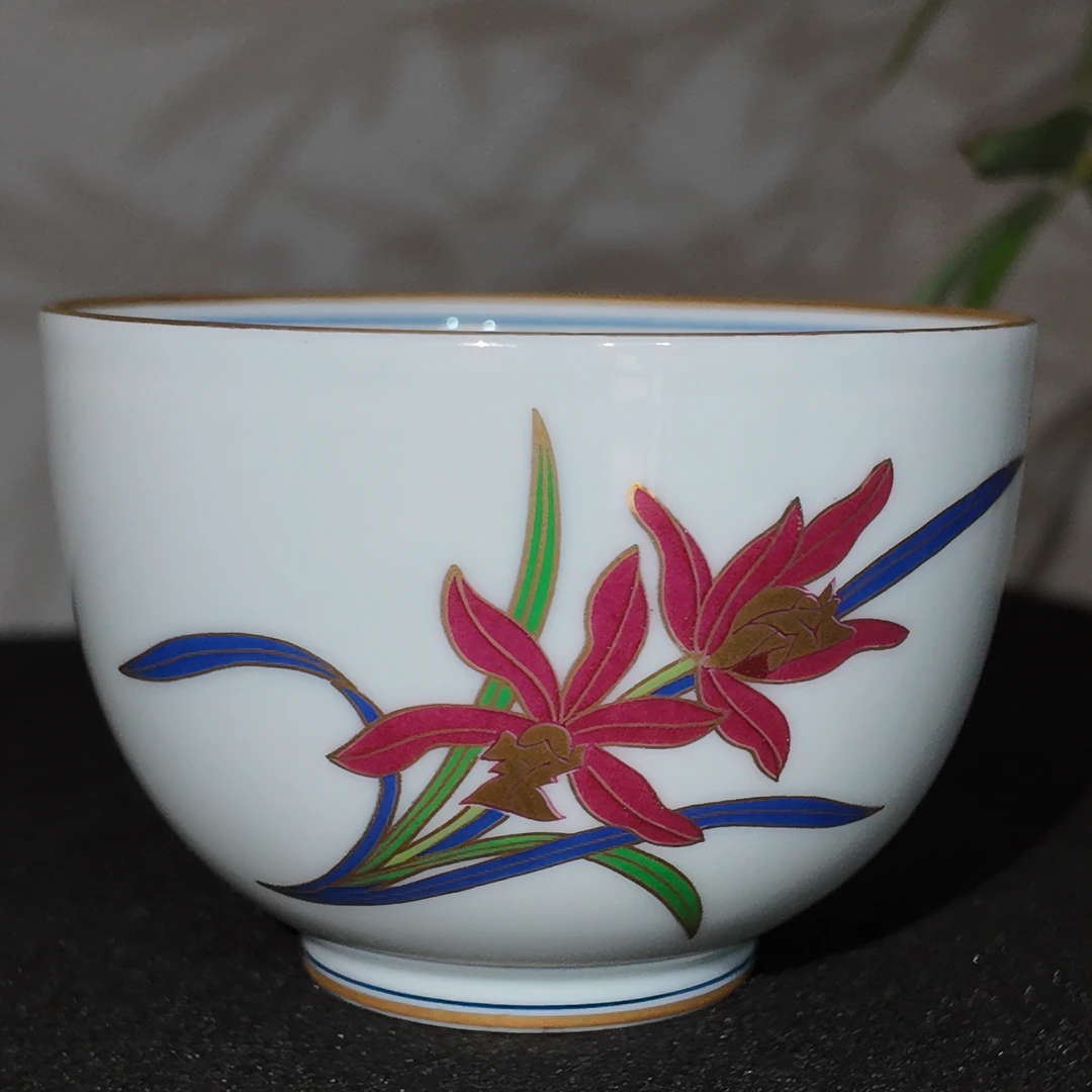 全新描金手绘兰花大茶杯主人杯彩绘全手工陶瓷普洱杯铃铛杯大尺寸