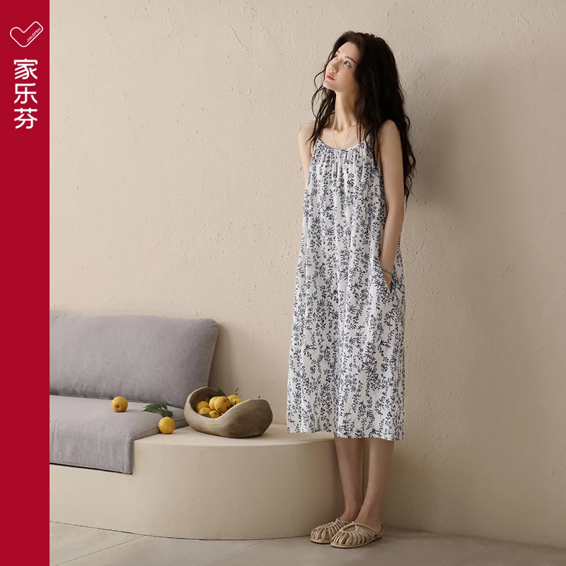 吊带睡裙女士睡衣梭织纯棉夏季夏天薄款中长款性感大码碎花连衣裙