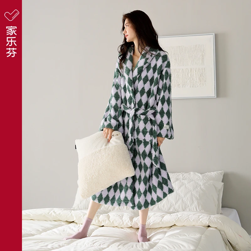 家乐芬睡袍女秋冬季法兰绒浴袍加厚珊瑚绒大码冬款冬天中长款晨袍