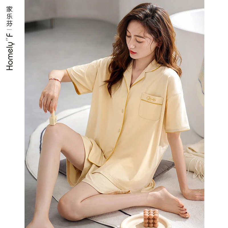 【柔感】家乐芬睡衣女士夏季纯棉短袖短裤家居服夏天夏款大码套装