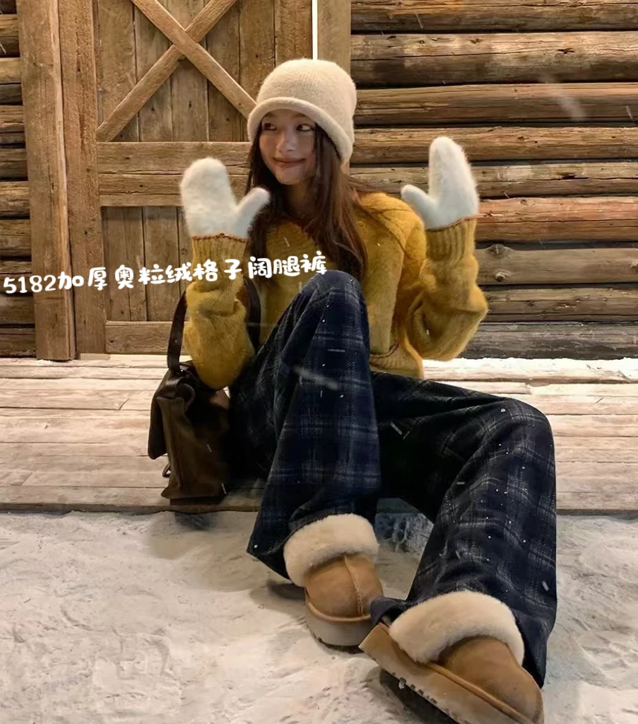 实物超好看~开开家冬款复古加厚奥粒绒阔腿格子裤5182