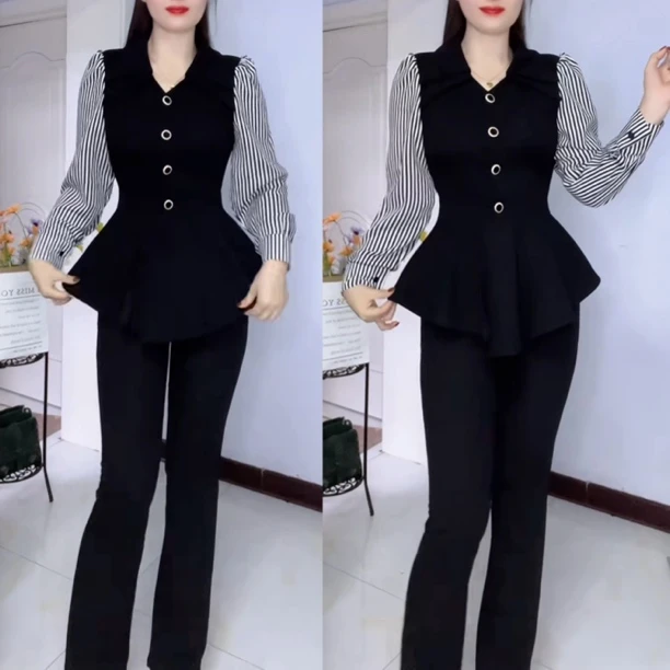 洋气套装女气质百搭拼袖上衣搭配裤子两件套女8855555