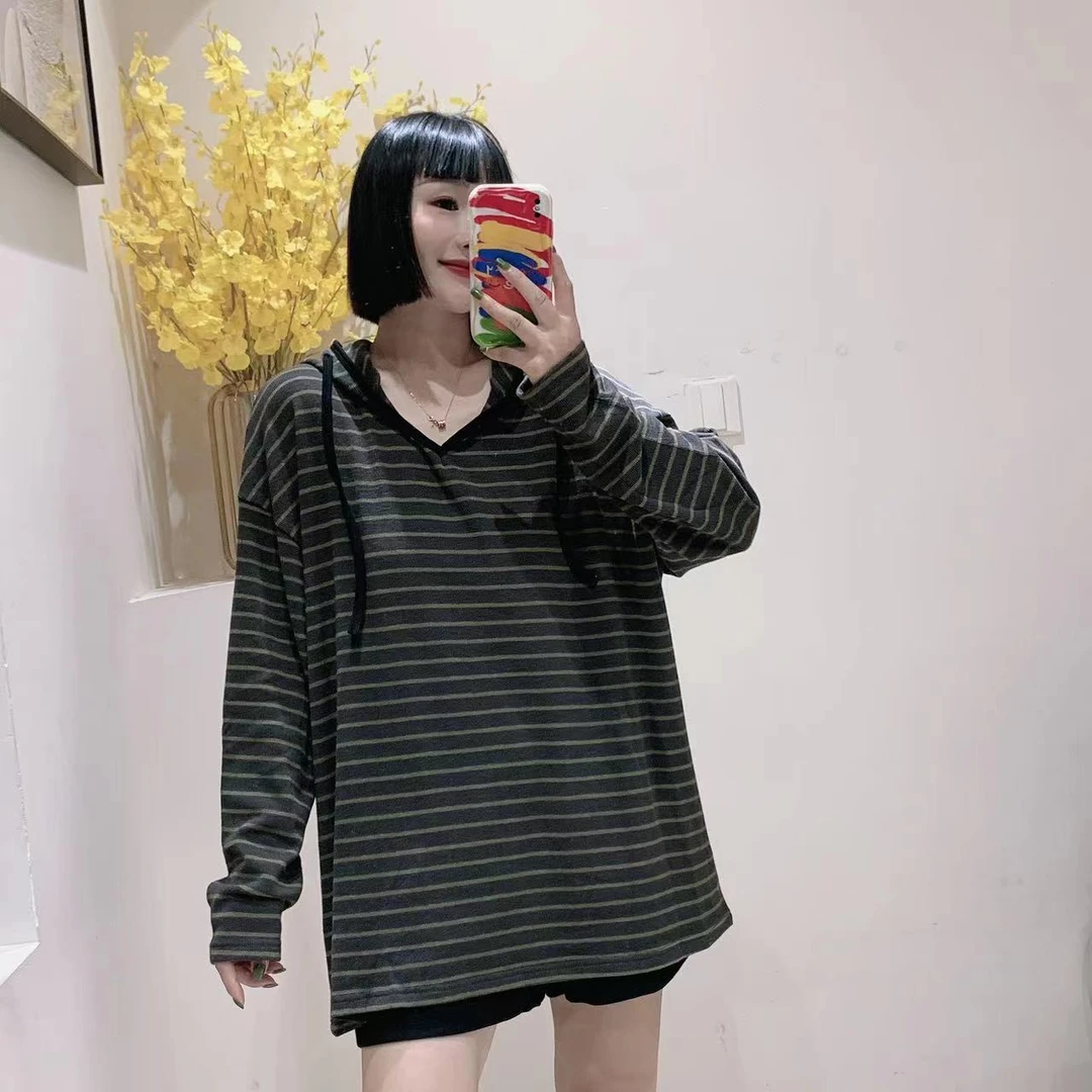 丽姐 欧货条纹针织帽衫5502