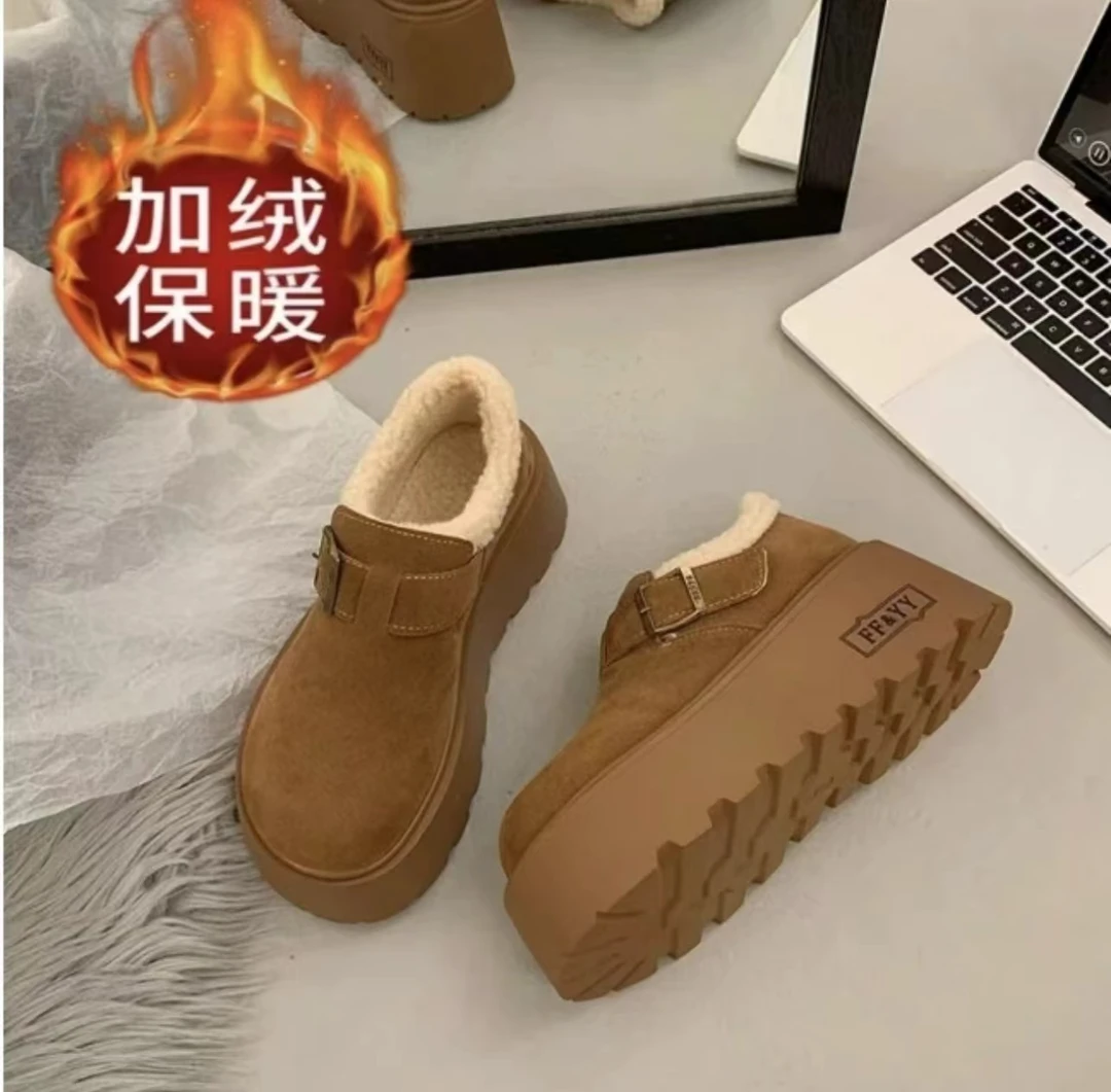 冬季复古磨砂厚底博肯加绒保暖鞋7618