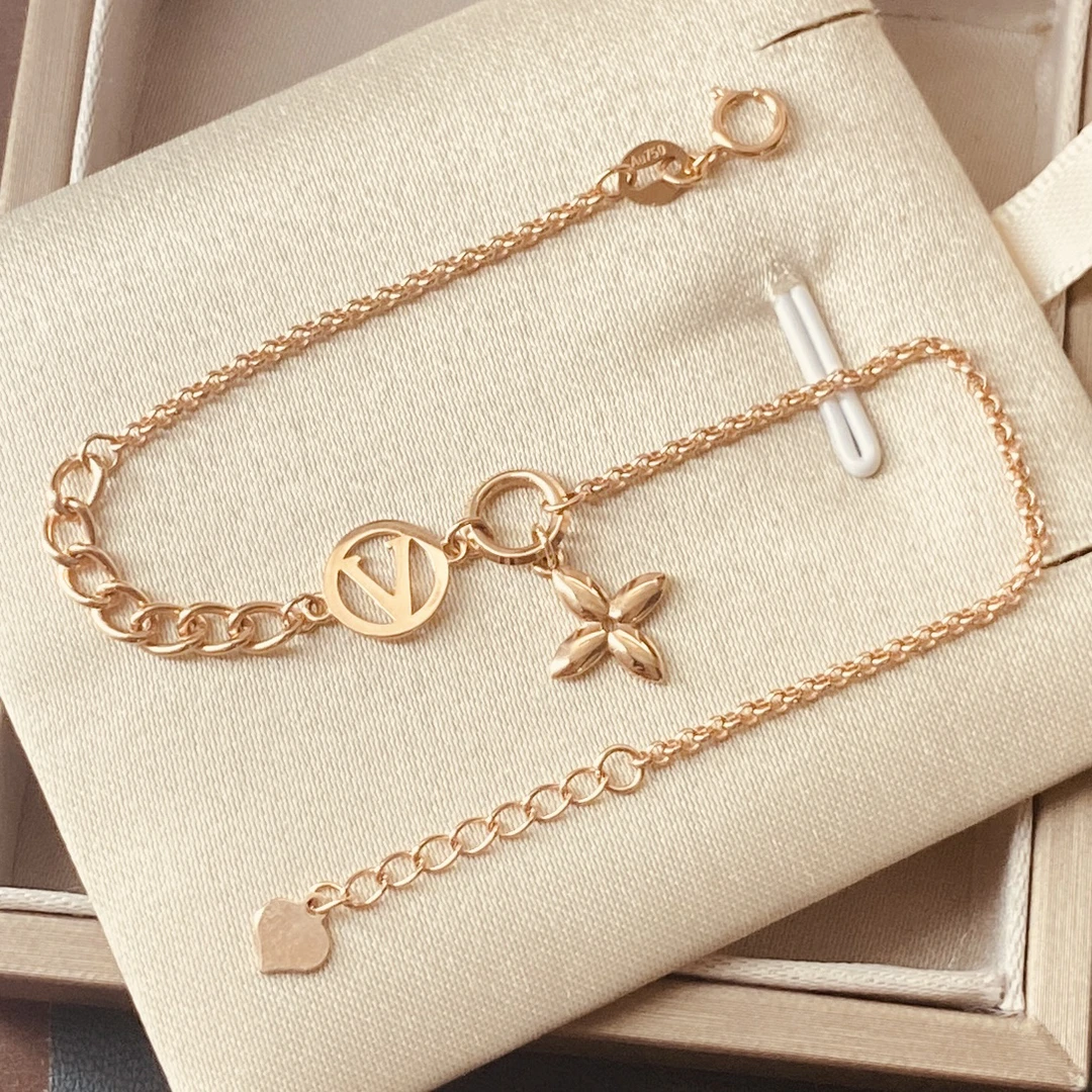 18k金手链女款老花玫瑰金AB款手饰彩金幸运草V字母时尚百搭送礼物