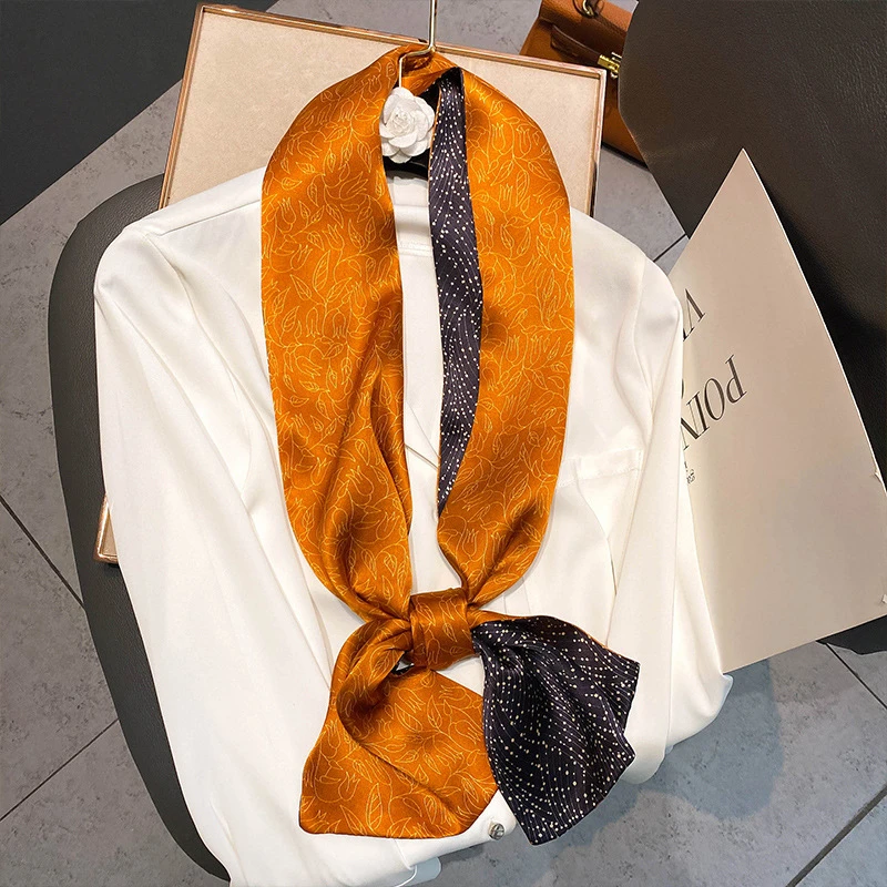 春夏新款双色双面桑蚕丝长条巾女洋气时尚百搭细窄小长条领巾