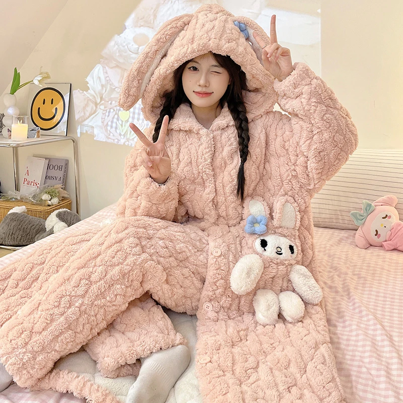 珊瑚绒睡衣女秋冬季三层夹棉袄加绒加厚睡袍长款保暖法兰绒家居服