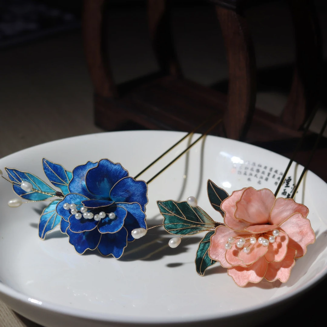 非遗绒花发簪古风发饰步摇汉服头饰中国景泰蓝新中式发钗点翠簪子