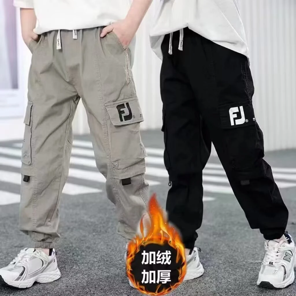 男童冬季加绒加厚纯棉工装裤裤子冬装束脚一体绒长裤中大儿童男孩