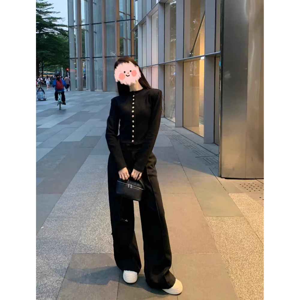 2024秋冬新款加绒百搭修身开衫外套+弹力高腰宽松休闲直筒皮裤女