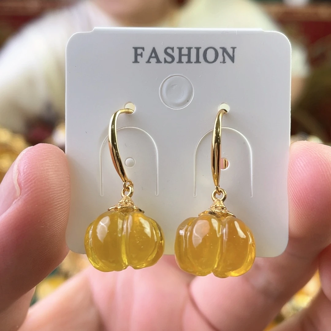 【闪购商品】琥珀耳环银S925镀金镶嵌