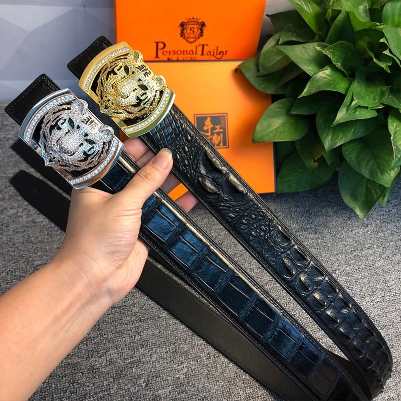 高端老虎头镶钻真空电镀24k金配鳄鱼皮3.8宽腰带时尚百搭休闲真皮