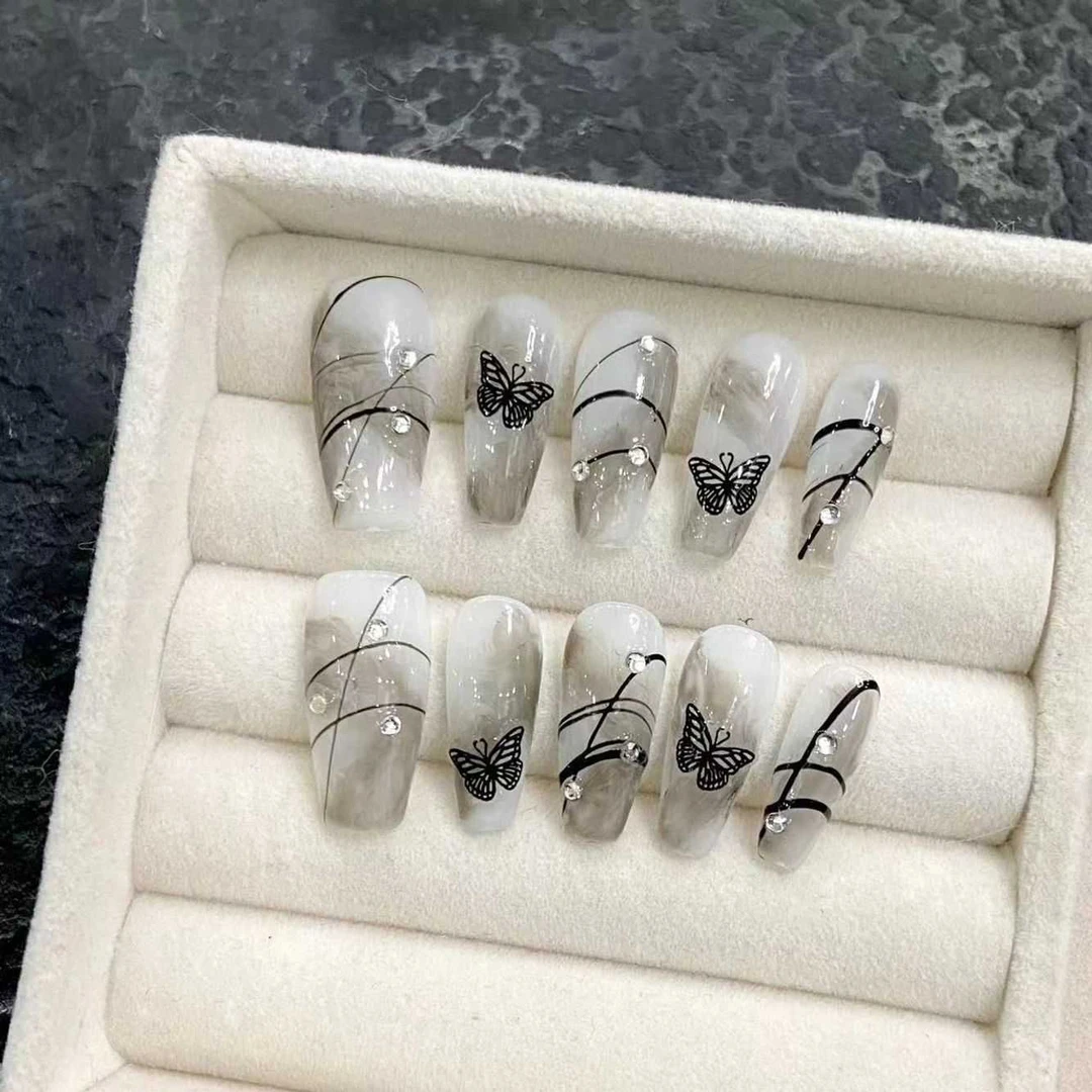 【梦境】纯手工穿戴甲黑色蝴蝶系晕染手绘复古清冷感国风穿戴甲