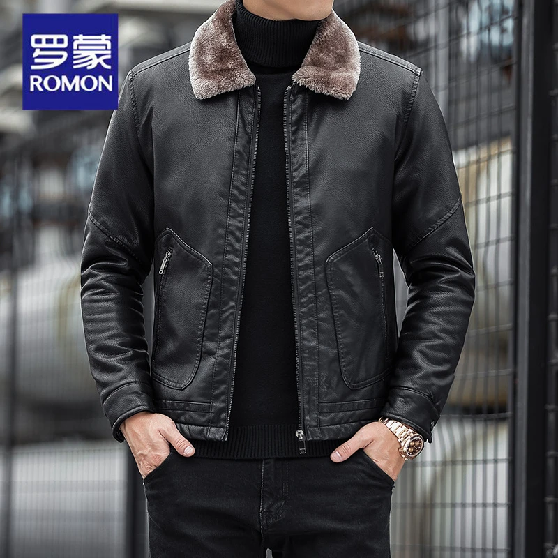 Romon/罗蒙新款男士皮衣夹克短款韩版修身机车加绒皮茄克休闲外套