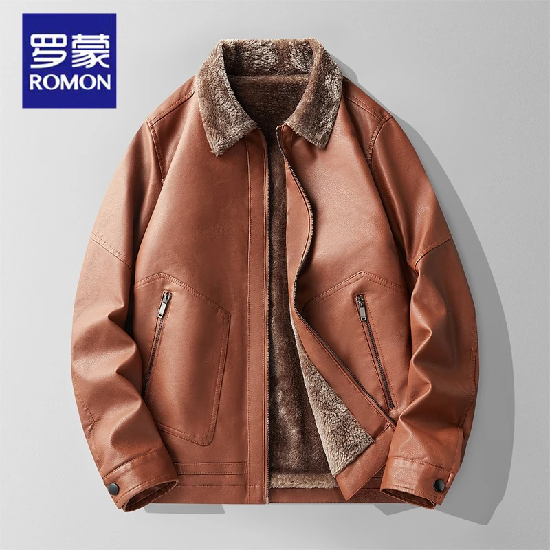 Romon/罗蒙新款男士皮衣夹克中年韩版修身机车加绒皮茄克休闲外套