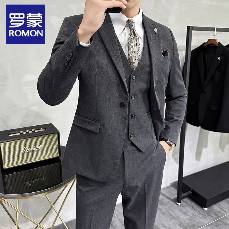 Romon/罗蒙西装男套装新郎结婚礼服商务修身西服上班面试正装外套