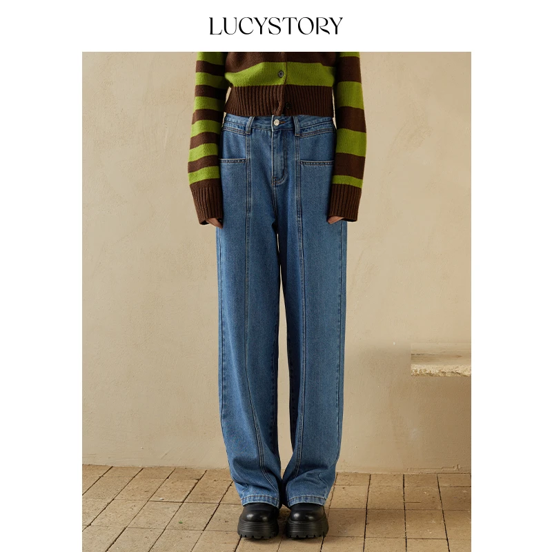 优选LUCYSTORY宽松高腰阔腿牛仔裤女2025春季复古水洗显瘦长裤子