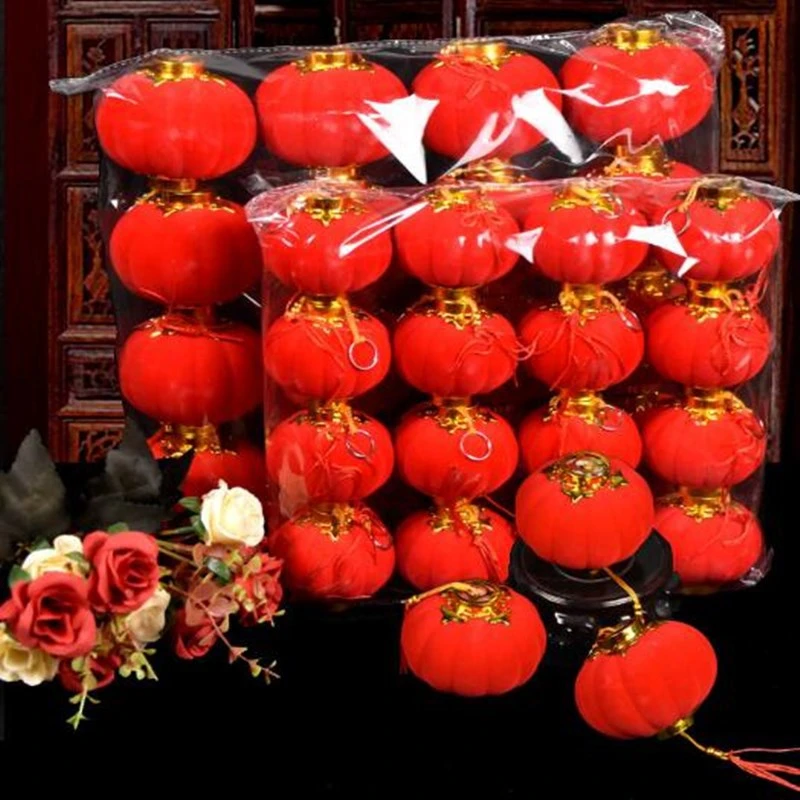 大红植绒小灯笼挂饰 新年喜庆佳节植绒球灯笼 装饰阳台盆景小灯笼