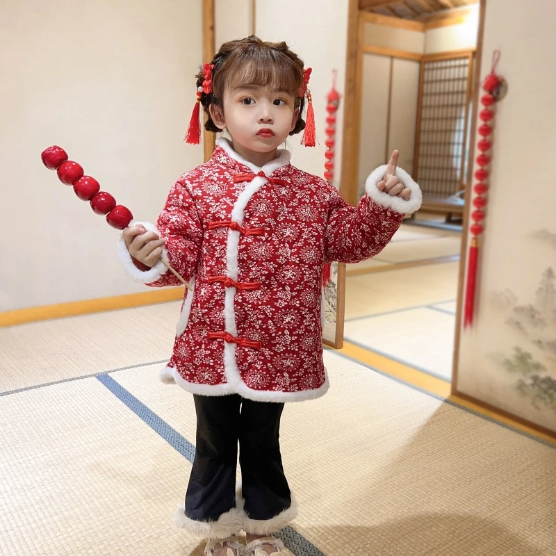 儿童棉服冬季新款中国风拜年服东北大棉袄网红款女童上衣加绒外套