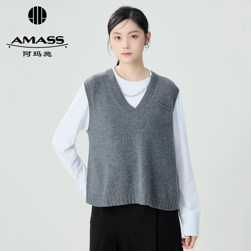 AMASS阿玛施 时尚简约学院风羊毛针织口袋马甲女5399256 休闲套头
