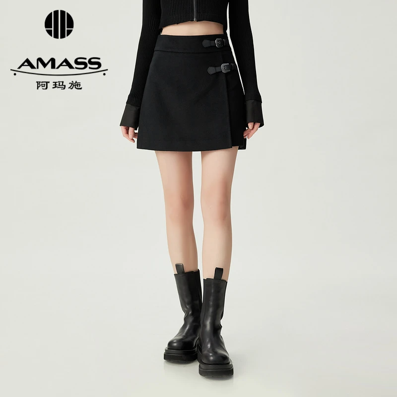AMASS阿玛施 侧边马鞍扣设计简约百搭短裙5200498 显瘦高腰秋冬女