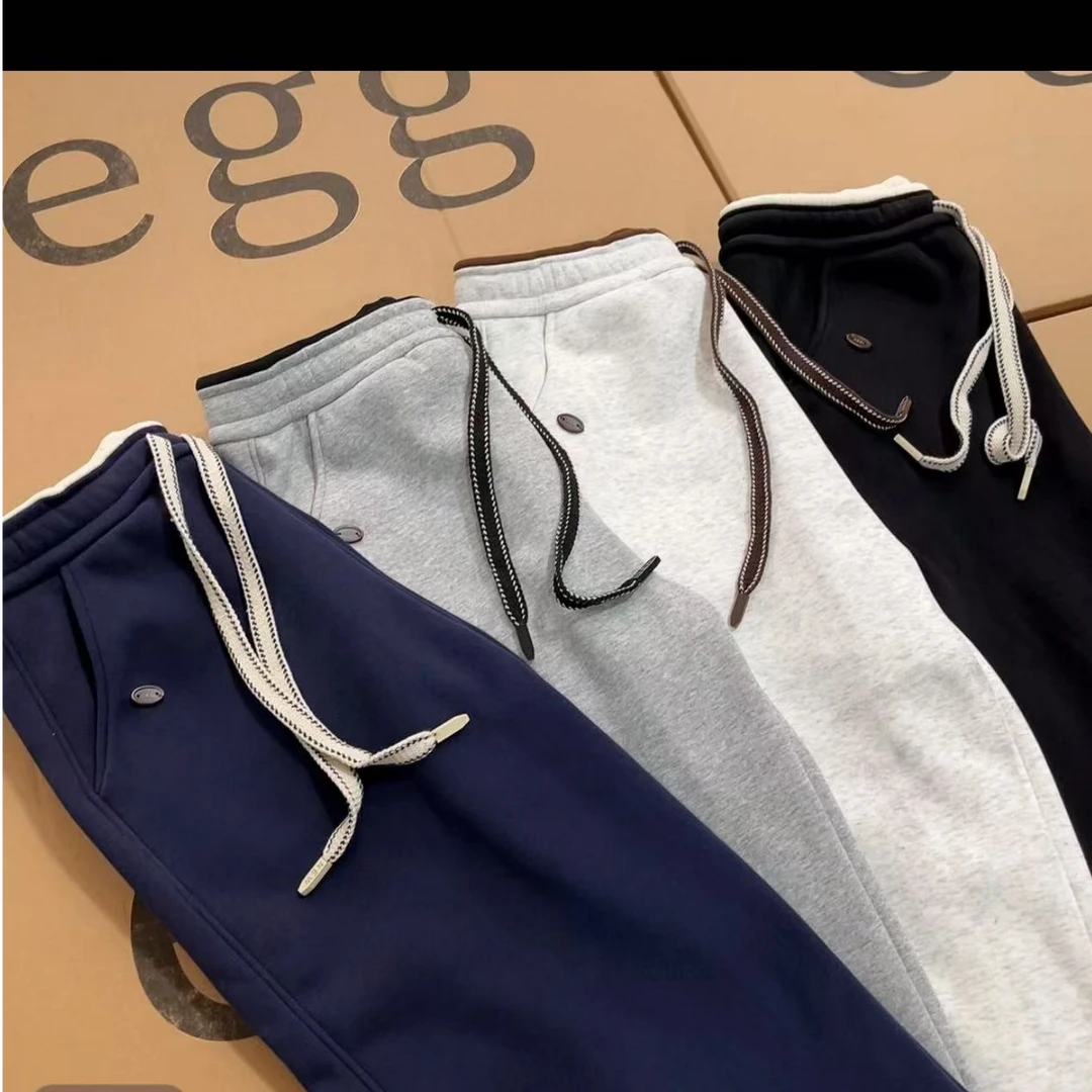 韩版egg加绒运动束脚裤2024冬季字母撞色腰宽松加绒卫裤