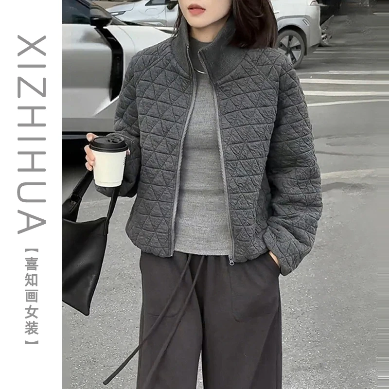 春季季新款时尚拉链开衫韩版复古洋气百搭长袖外套菱格纹气质上衣