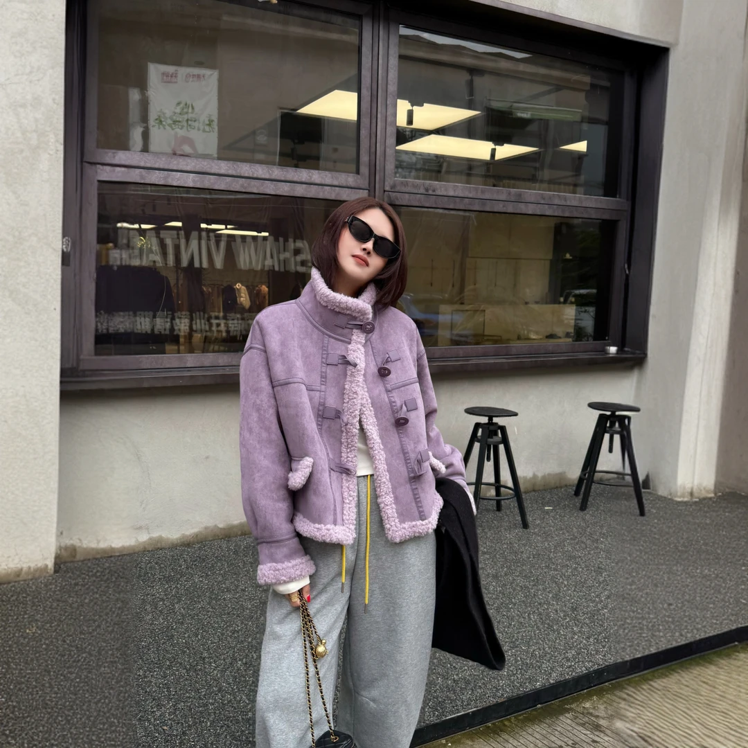 欧洲站皮毛一体短款厚款立领外套2024冬季新款女洋气复古机车服潮