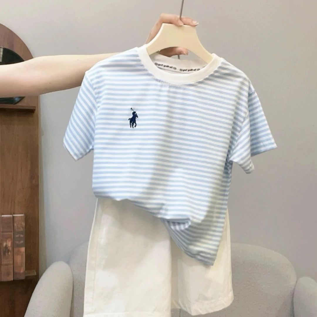 新款时尚套装蓝色休闲夏季宽松条纹圆领短袖短裤百搭