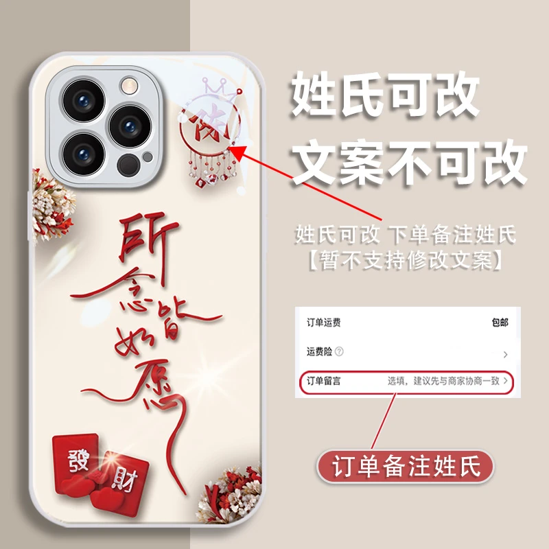 适用于苹果13/14/15promax百家姓定制所念皆如愿金漆玻璃手机壳女