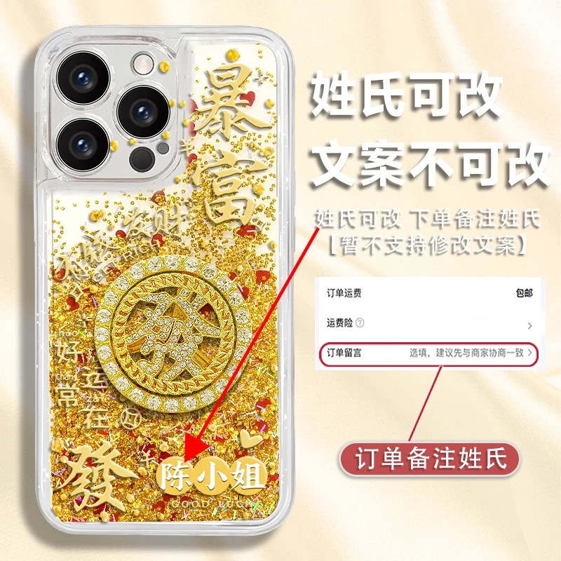 适用于苹果13pro百家姓定制发财暴富创意防摔流沙手机壳爆款女