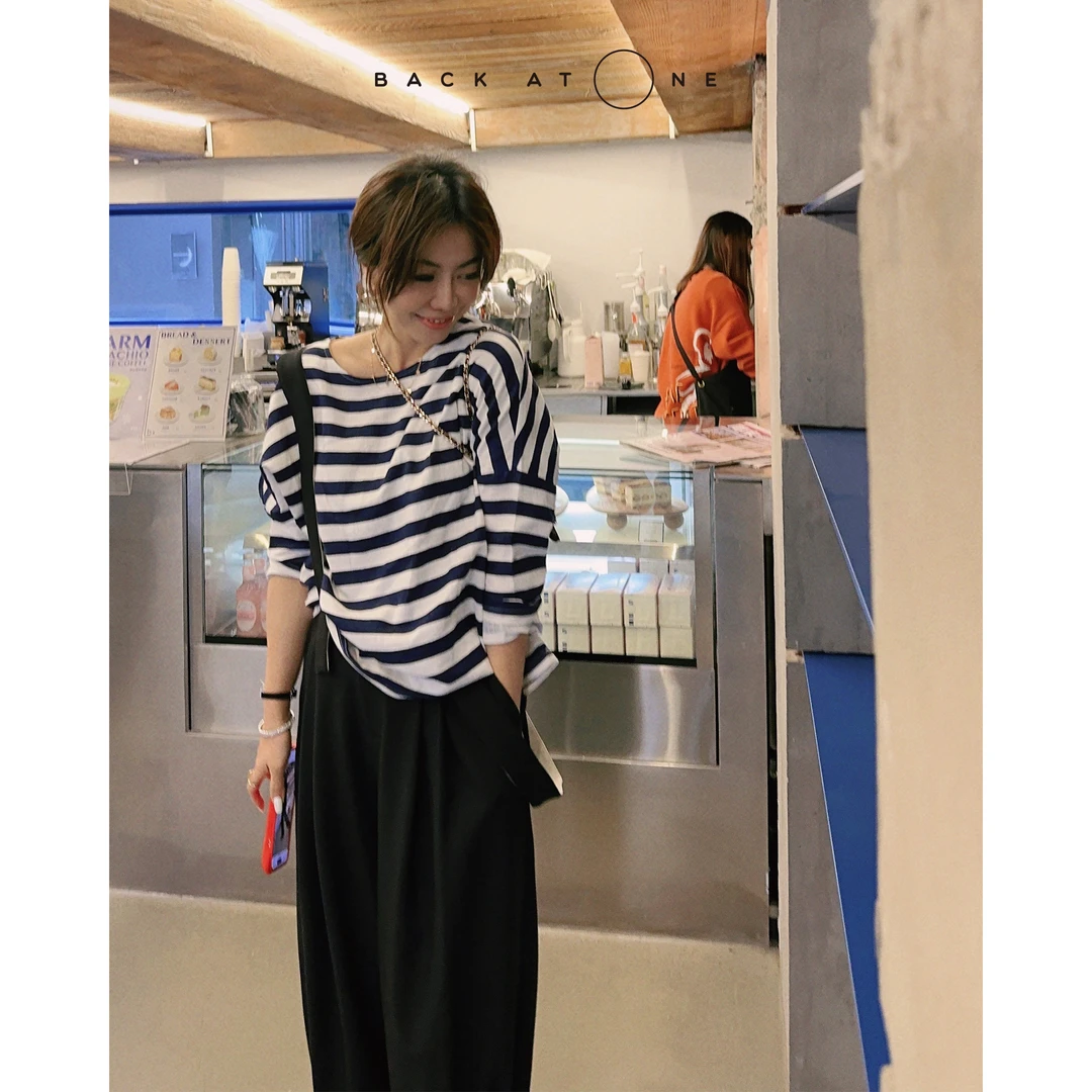 BackAtOne “海岛小调”蓝白条纹落肩圆领夏亚麻上衣 BES-1BB122L-K