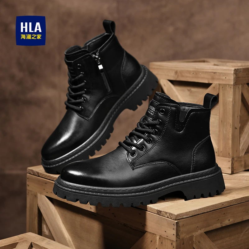 HLA/海澜之家男鞋新款秋冬复古耐磨牛皮高帮马丁靴侧拉链工装靴男